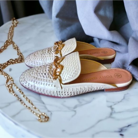 Tory Burch Shoes - TORY BURCH JESSA BEIGE WOVEN PREFORTATED POINTY TOE MULES GOLD HORSEBIT CHAIN